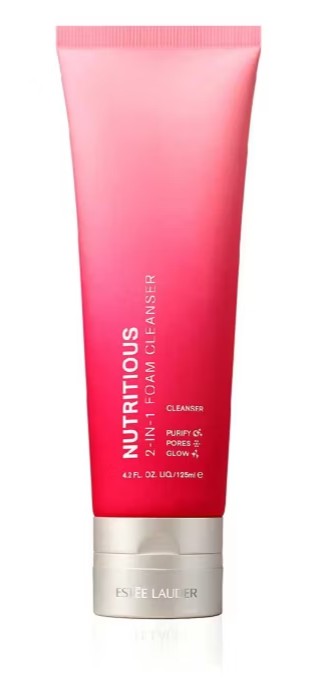 A pink and red tube of Estée Lauder Nutritious 2-in-1 Foam Cleanser, 125 ml, standing upright against a white background.