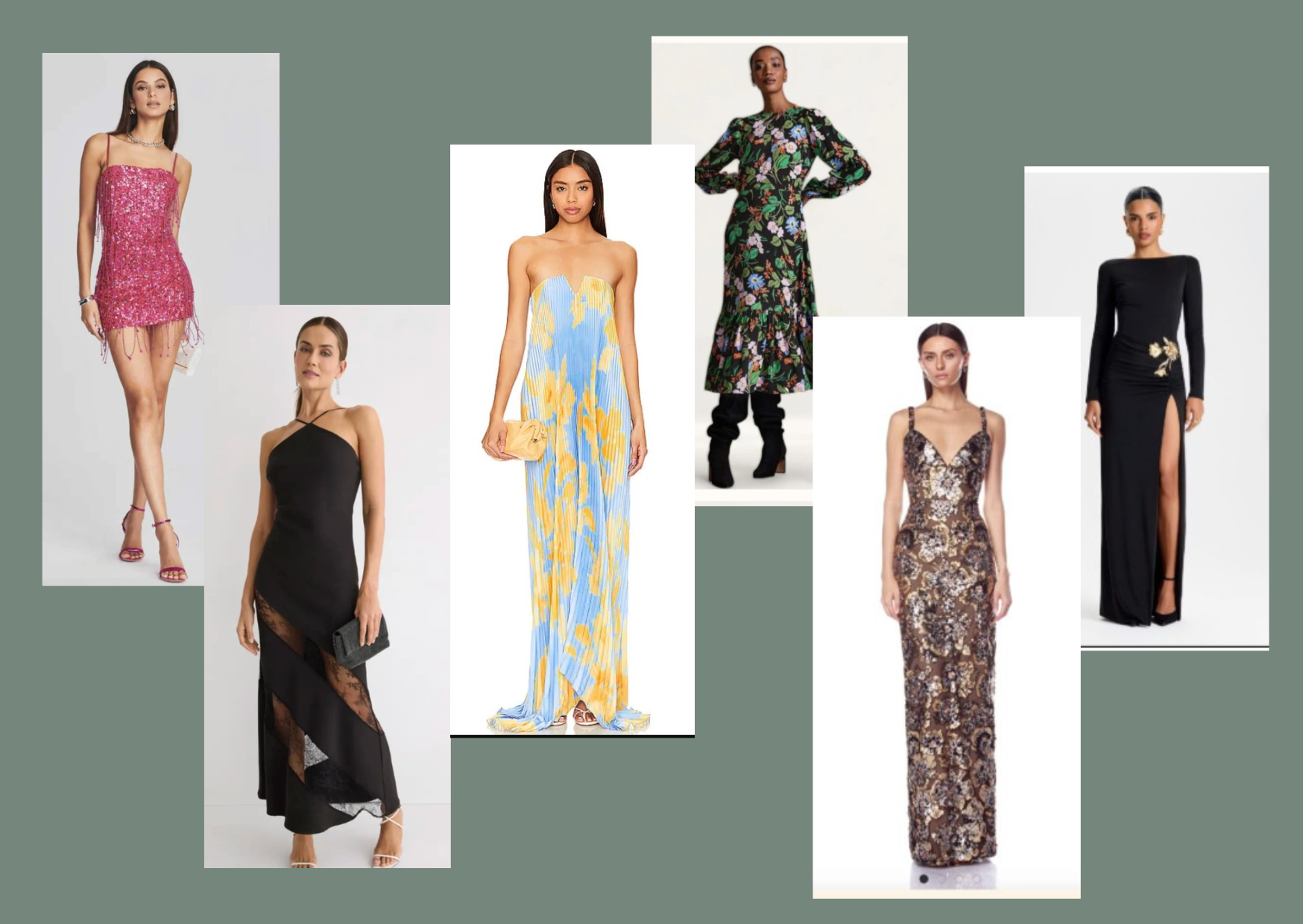Six women showcase elegant styles in a pink sequin, black asymmetrical, yellow-blue strapless, floral long-sleeve, gold sequin, and black thigh-high slit dress—perfect looks for any occasion with a dress rental UK clothes rental subscription.
