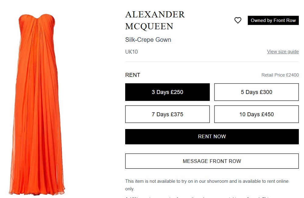 front row desktop2 Strapless orange silk-crepe Alexander McQueen gown displayed with rental pricing and options on a white background.