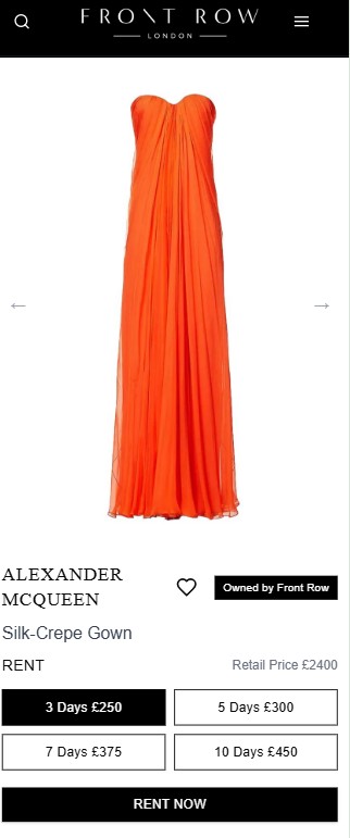 front row mobile 2 Strapless, floor-length orange silk-crepe gown by Alexander McQueen displayed on a white background with rental pricing options listed below.