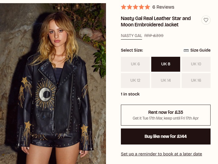 hirestreet desktop 2 A woman models a black leather jacket with sun, moon, and star embroidery, paired with matching shorts, on a product page for the Nasty Gal Real Leather Star and Moon Jacket.