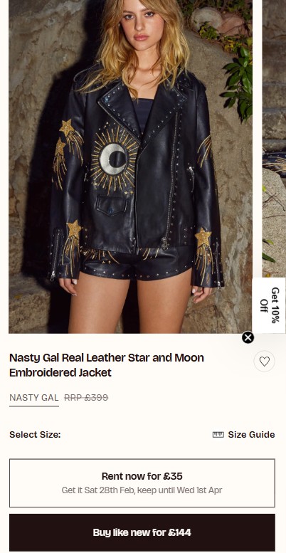 hirestreet mobile Woman wearing a black leather jacket with star and moon embroidery, standing indoors. Product listing for Nasty Gal jacket with price and rental options displayed.