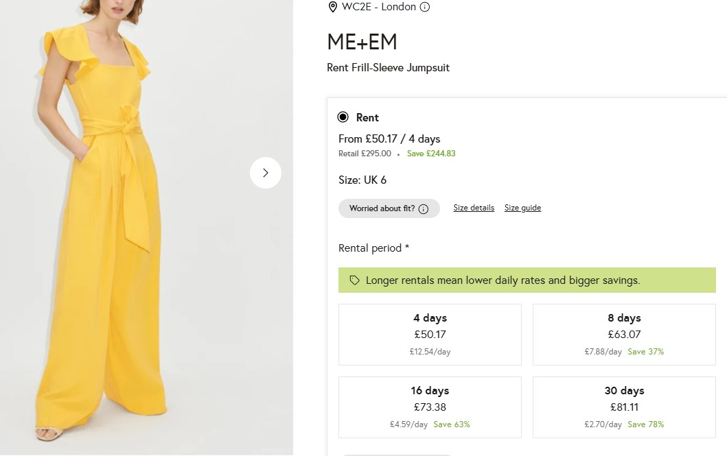 hurr desktop Woman wearing a bright yellow frill-sleeve jumpsuit. Product page displays pricing and rental period options for the ME+EM jumpsuit, size UK 6, available for rent.