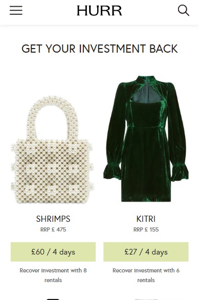 hurr how to lend mobile A pearl-beaded handbag and a green velvet dress are displayed with their rental prices and recommended rentals needed to recover the investment.