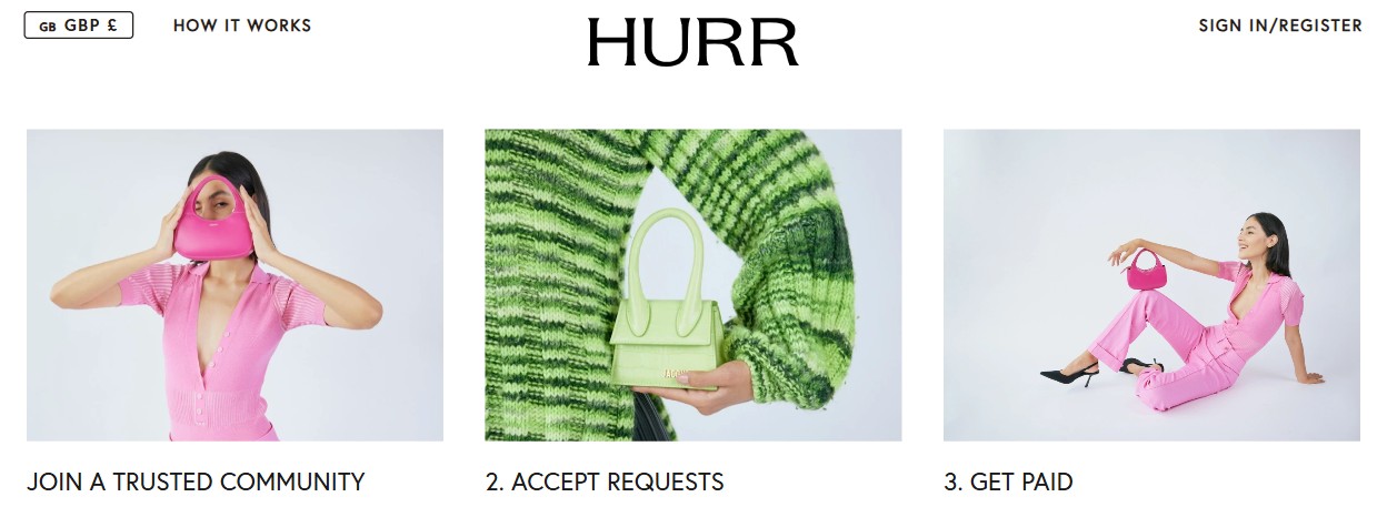 hurr Three panels showing: a woman holding a pink handbag to her face, a close-up of hands holding a green purse, and a woman in pink holding a pink handbag while sitting on the floor.