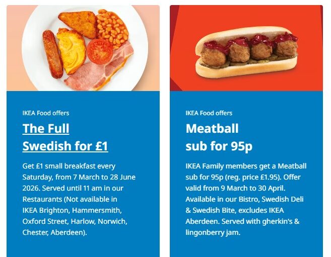 Three IKEA food offers: a Swedish breakfast for £1, a meatball sub for 95p, and VÅRKÄNSLA milk chocolate bunnies for £3.25, each displayed with a photo and descriptive text.