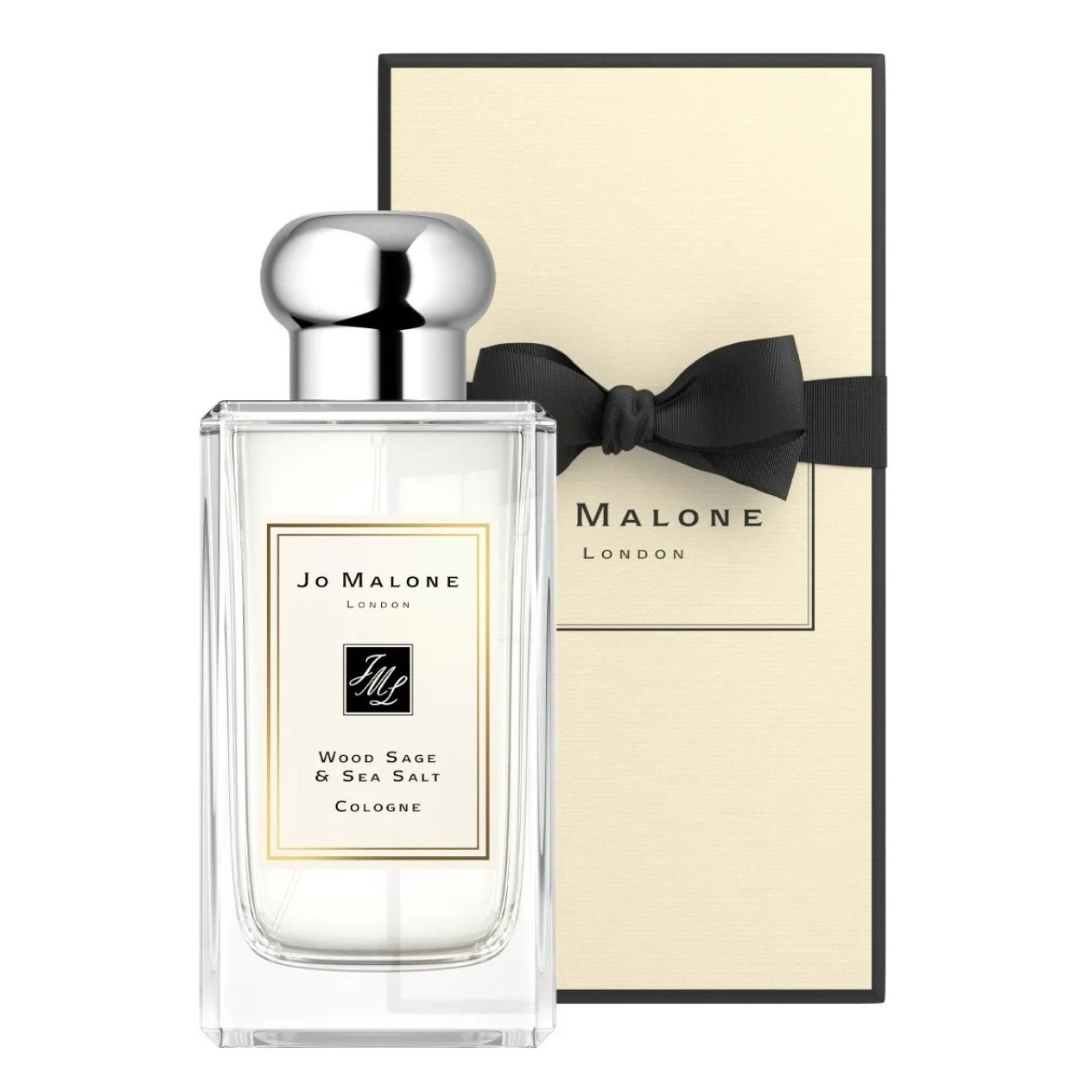 A bottle of Jo Malone London Wood Sage & Sea Salt cologne is shown in front of its cream and black gift box with a black bow.