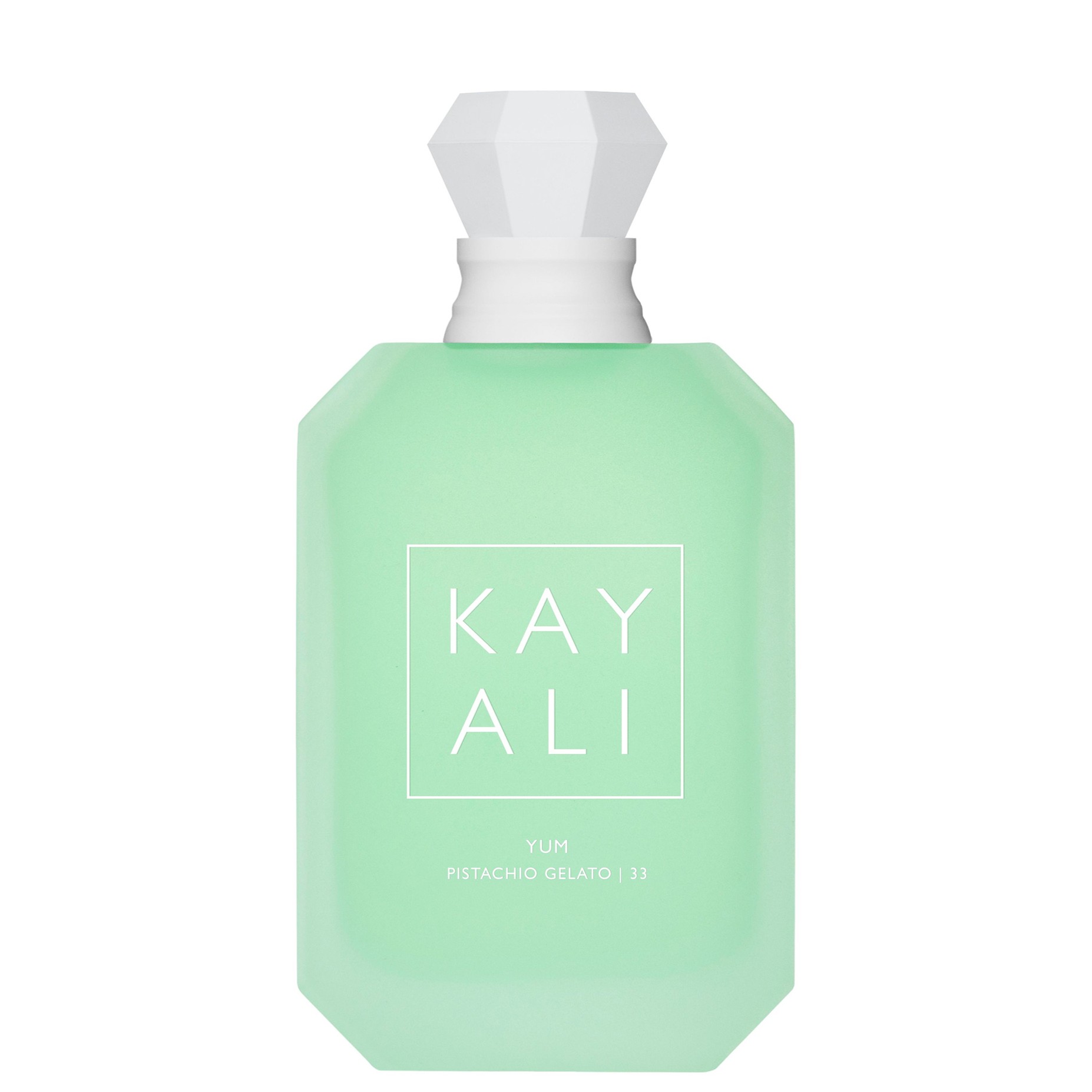 A bottle of Kay Ali Yum Pistachio Gelato 33 perfume in a frosted mint green rectangular bottle with a white geometric cap.