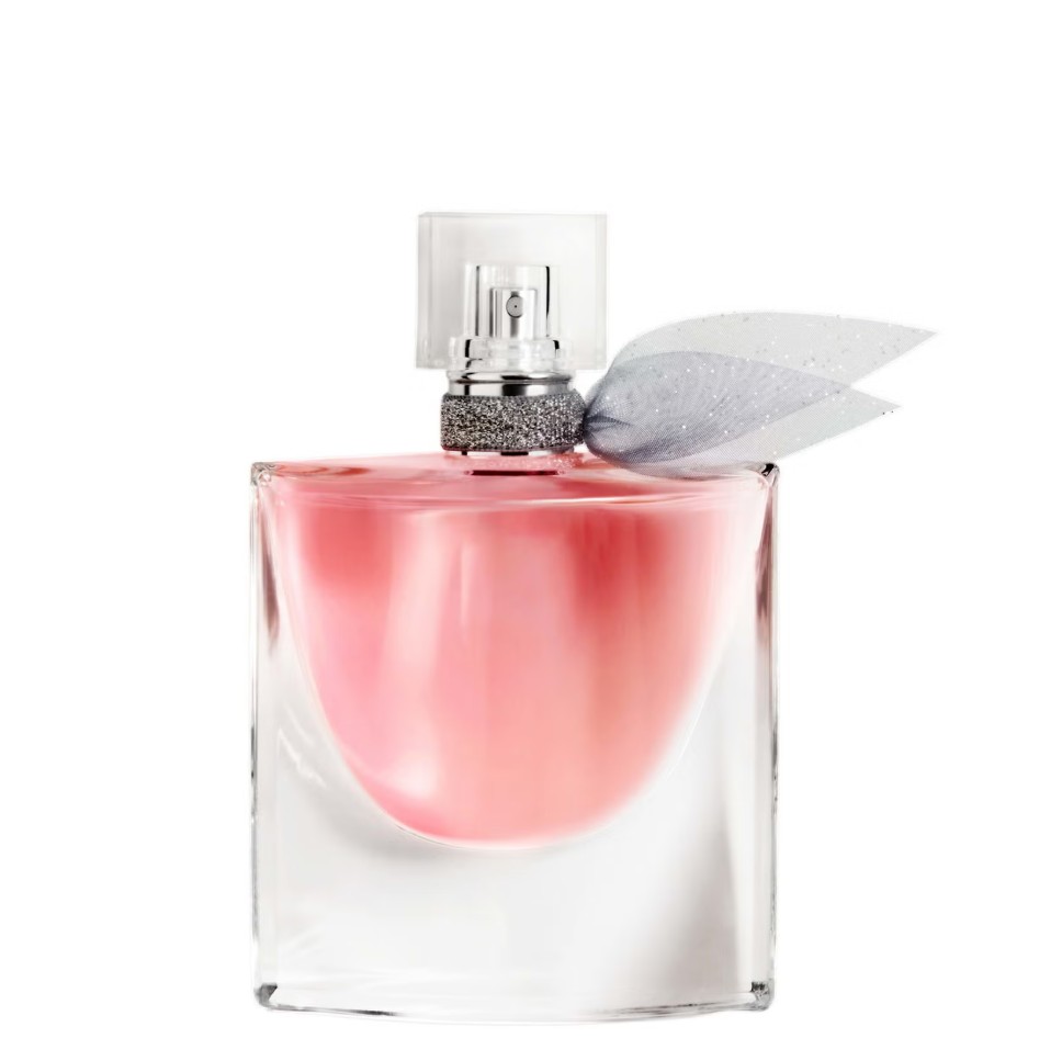 A clear glass perfume bottle with a pink liquid inside, a silver sparkling neck, and a translucent gray ribbon tied around it, set against a white background.