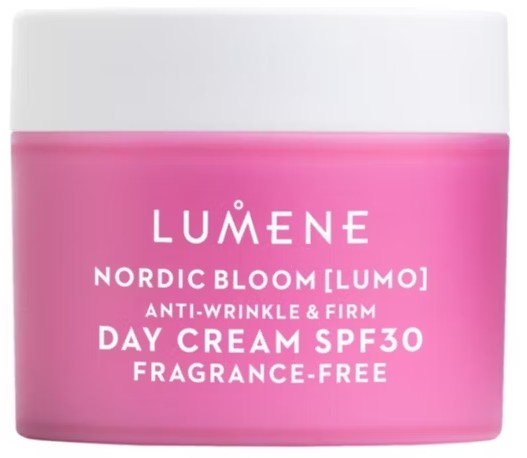 A pink container of Lumene Nordic Bloom [Lumo] Day Cream SPF30, labeled as anti-wrinkle, firming, and fragrance-free.