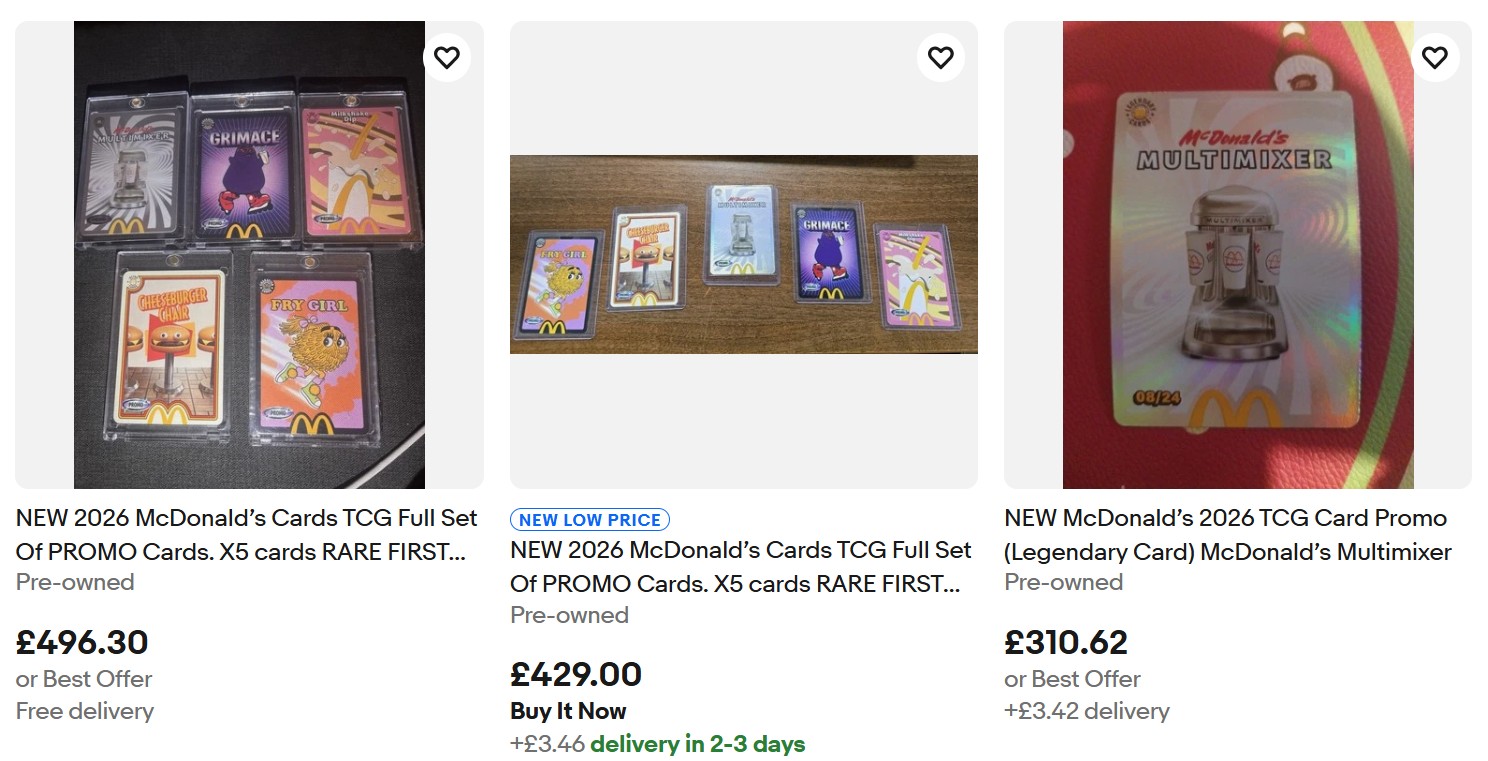 Three online listings display McDonald’s collectible trading cards, including full sets and a promo card, with prices and shipping details shown.