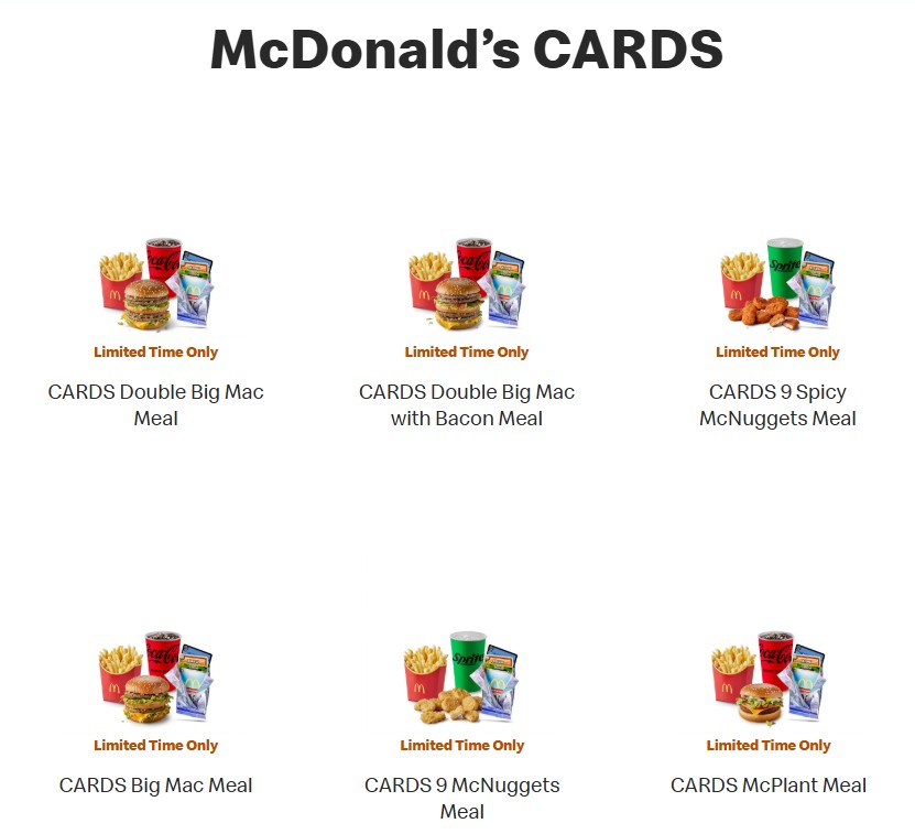 mcdonalds cards meals menu Six McDonald’s meal options with fries, a drink, and main items are displayed, each labeled as a CARD; some are marked “Limited Time Only.”.