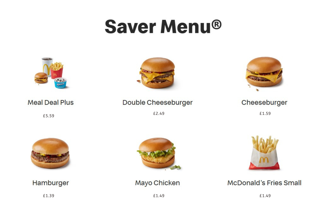 McDonald's Saver Menu showing images and prices of Meal Deal Plus, Double Cheeseburger, Cheeseburger, Hamburger, Mayo Chicken, and small fries.