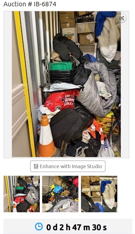 A mobile image showing a cluttered locker in a storage auction