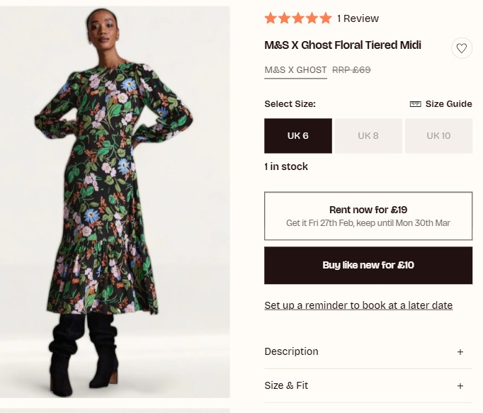 m&s2 Model wearing a long-sleeved, ankle-length black dress with a colorful floral print, standing with hands on hips; product details and purchase options displayed on the right.