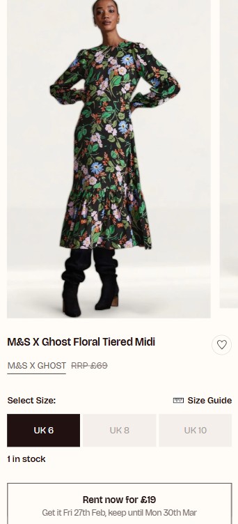 m&s3 Woman modeling a long-sleeved, floral print tiered midi dress with black boots; product listing for M&S X Ghost Floral Tiered Midi in size UK 6.