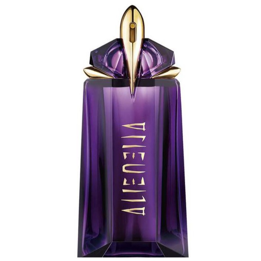 A purple glass perfume bottle with gold accents and the word "Alien" written vertically in gold on the front.