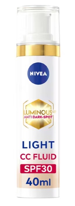 nivea cc fluid A 40ml bottle of Nivea Luminous630 Anti Dark-Spot Light CC Fluid with SPF 30 in a white and gold pump container.