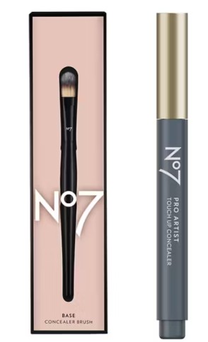A No7 base concealer brush in its packaging next to a No7 Pro Artist Touch Up Concealer pen with a gold cap.