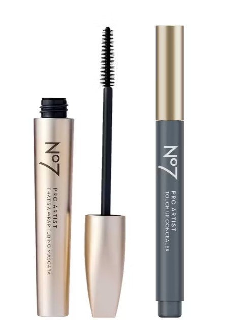 no7 bundle Two No7 Pro Artist makeup products: an opened tubing mascara with wand and a closed touch-up concealer stick, both standing upright against a white background.