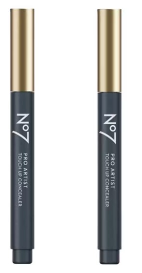Two No7 Pro Artist Touch Up Concealer pens with gold caps standing upright side by side on a white background.