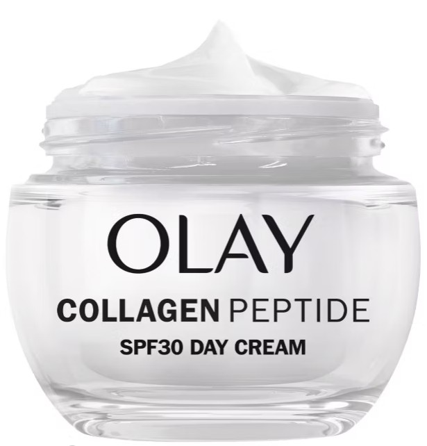 olay collagen peptide A clear jar of Olay Collagen Peptide SPF30 Day Cream with white cream inside and product name printed on the front.