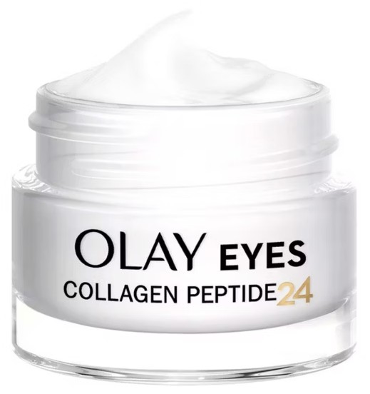 A clear jar of Olay Eyes Collagen Peptide 24 cream with a white lid and white cream visible inside.
