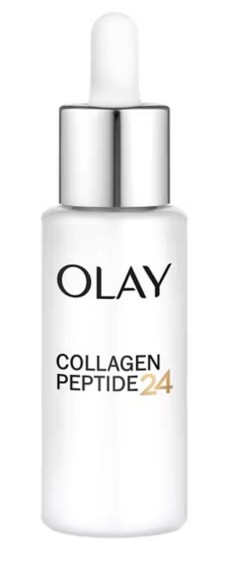 A white dropper bottle labeled "Olay Collagen Peptide 24" with a metallic silver cap.