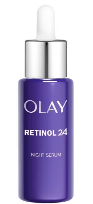 olay retinol A purple bottle of Olay Retinol 24 Night Serum with a silver dropper cap.