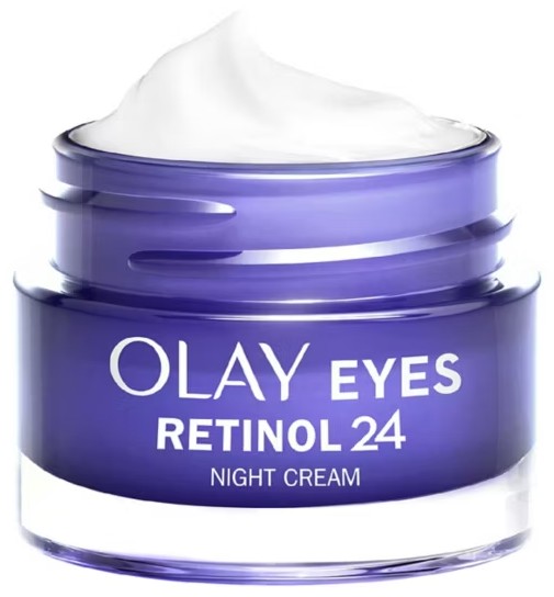 A jar of Olay Eyes Retinol 24 Night Cream with white cream visible at the top, in a purple container.
