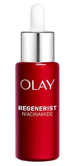 A red bottle of Olay Regenerist Niacinamide serum with a silver dropper cap.