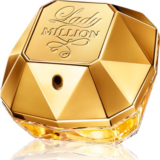 A gold, gem-shaped perfume bottle labeled "Lady Million.