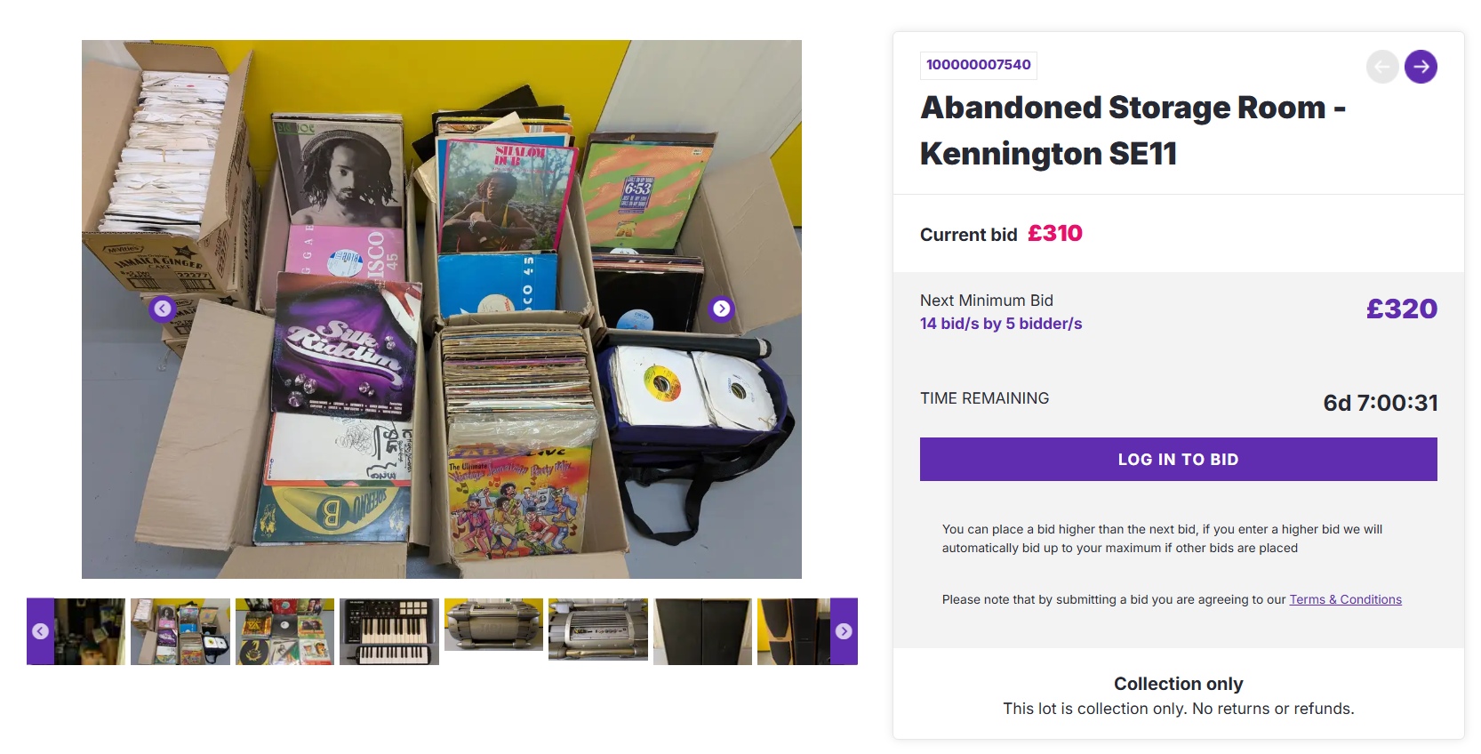 records storage auction Boxes filled with vinyl records in a storage locker auction