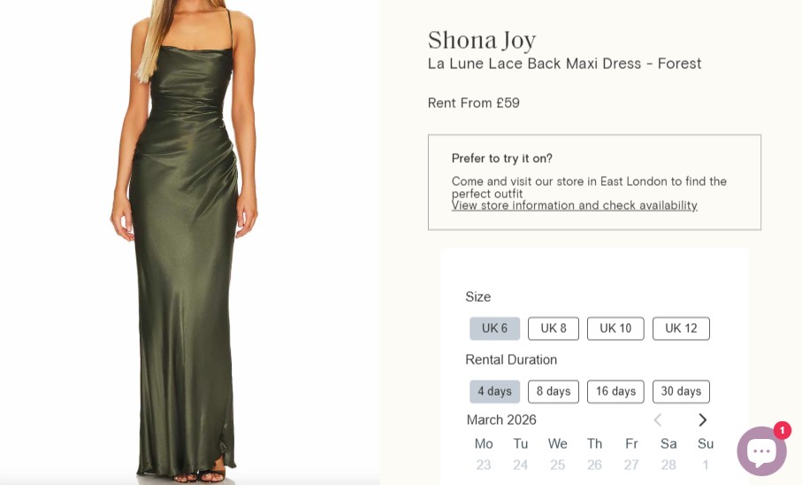 rites desktop A woman wearing a forest green satin maxi dress is shown next to product details, size options, rental duration, and a calendar for dress rental selection.