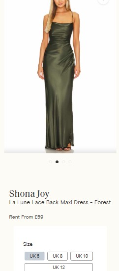 A woman wears a sleeveless, floor-length, dark green satin dress. The dress is called "La Lune Lace Back Maxi Dress – Forest" by Shona Joy. Size options are shown below.