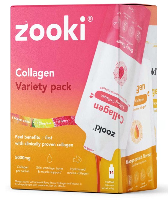 A box of Zooki Collagen Variety Pack, displaying different flavors and key product benefits such as 5000mg collagen per sachet, hydrolysed marine collagen, and 14 sachets per box.