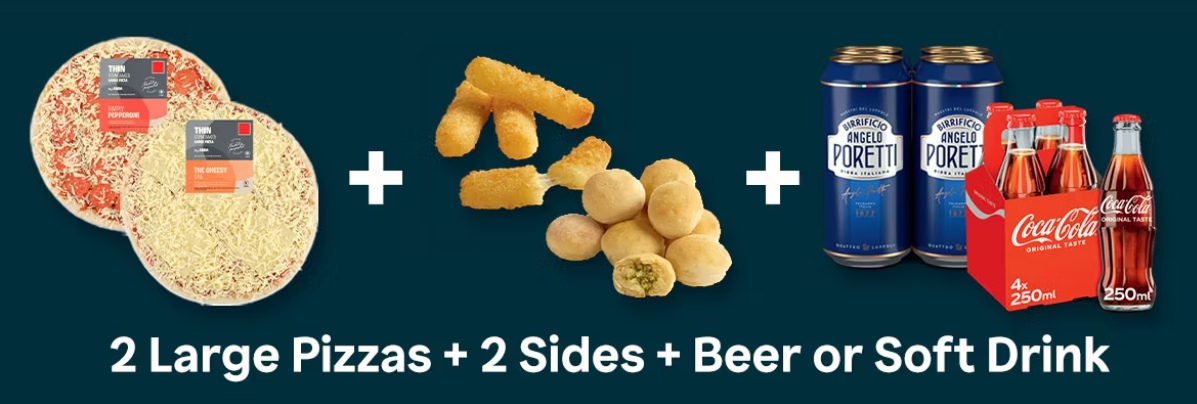 Two large pizzas next to a pair of indulgent sides and some soft and alcoholic drinks, all in the Asda large pizza dine-in deal