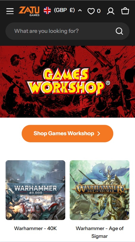 Zatu games Warhammer mobile A mobile screenshot of the Zatu Games Warhammer page