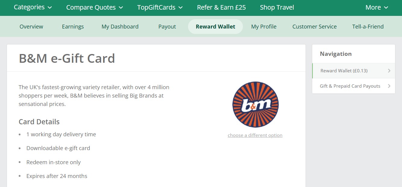 Screenshot of a website page for B&M e-Gift Card, showing card details such as delivery time, downloadable option, validity, and account navigation menu on the right.