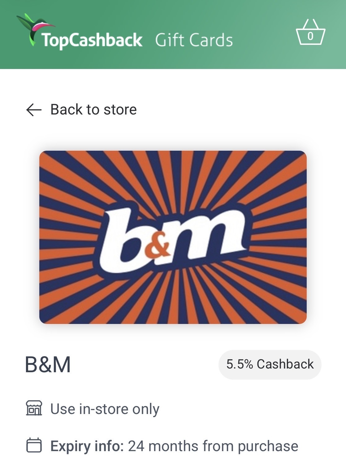 B&M gift card offering 5.5% cashback, for in-store use only, with a 24-month expiry from purchase. The card features the B&M logo on a blue and orange burst background.
