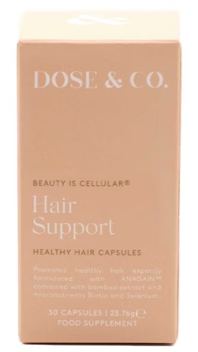 A box of Dose & Co. Hair Support capsules, labeled as a food supplement for healthy hair, containing 30 capsules (23.76g).