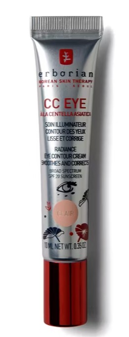 A silver tube of Erborian CC Eye Radiance Eye Contour Cream with SPF 20, 10 ml size, featuring red and black text and design elements.