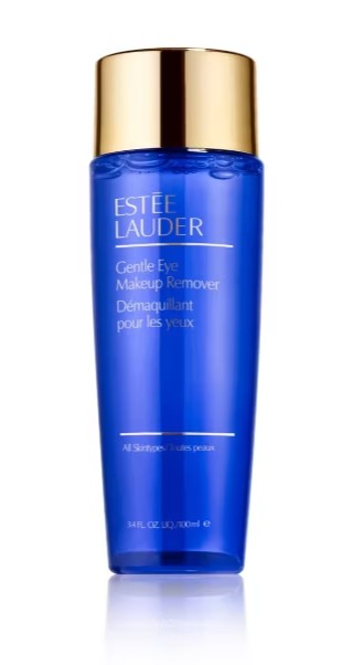 A blue bottle of Estée Lauder Gentle Eye Makeup Remover with a gold cap, containing 100 ml of product.