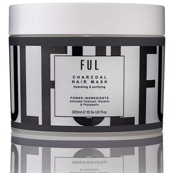 A jar of FUL Charcoal Hair Mask, labeled as hydrating and purifying, with activated charcoal, glycerin, and phytolastin; 300 ml size.