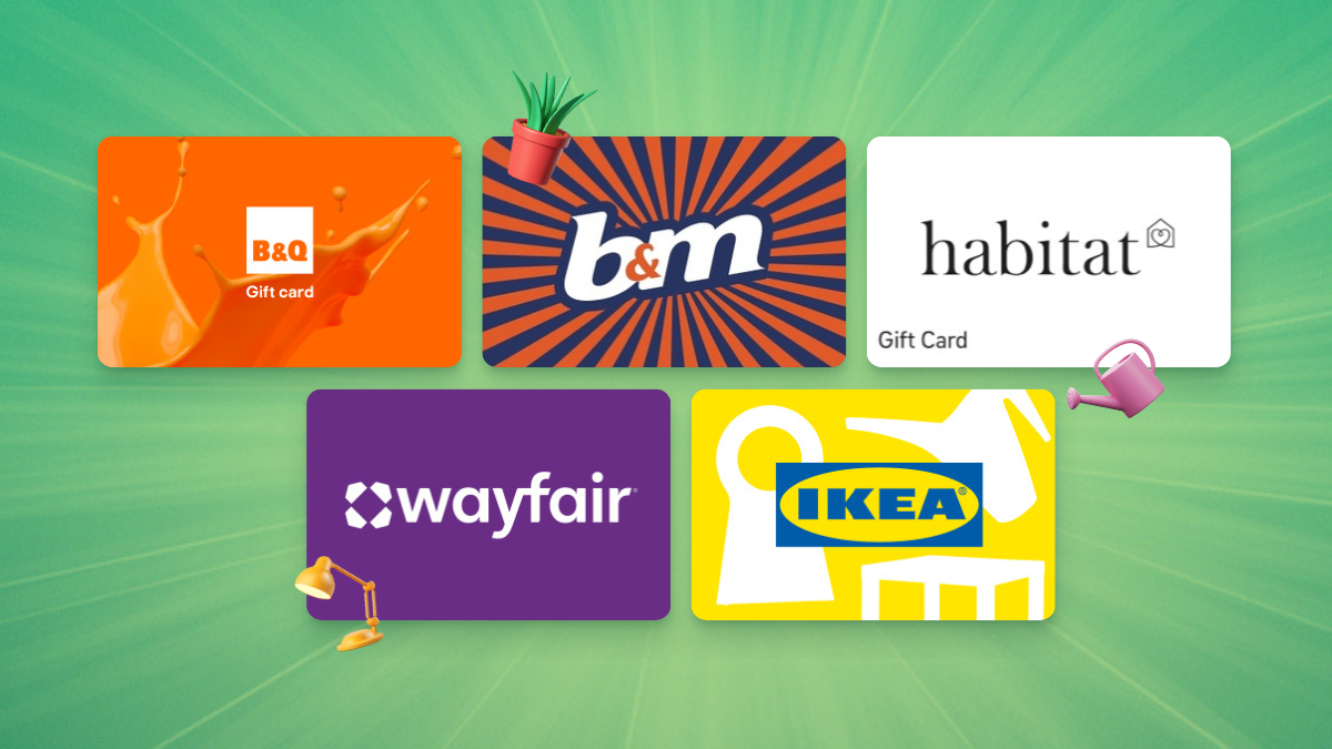Five home retail gift cards displayed: including a b&m gift card (blue and orange), B&Q (orange), Habitat (white), Wayfair (purple), and IKEA (yellow), on a green background with small plant graphics.