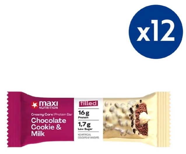 A Maxi Nutrition Chocolate Cookie & Milk protein bar with a creamy core is shown. The blue circle indicates a pack of 12 bars.