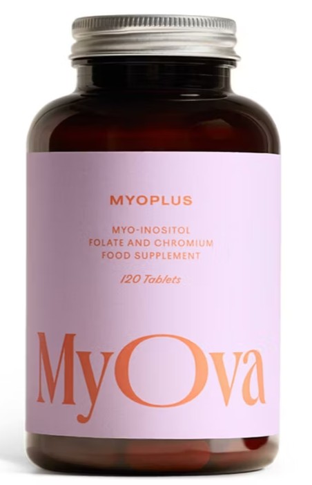 A brown bottle labeled "MyOva Myoplus" containing 120 tablets of myo-inositol, folate, and chromium food supplement.