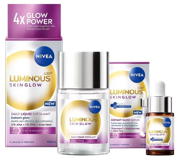 Four Nivea Luminous Skin Glow skincare products, including liquid exfoliant, serum, and creams, displayed with their packaging.