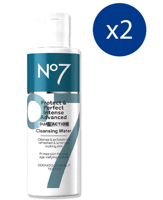 No7 Protect & Perfect Intense Advanced Dual Action Cleansing Water bottle with a blue circle indicating a pack of two.