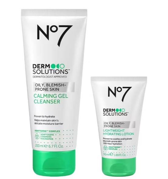 Two No7 Derm Solutions products for oily, blemish-prone skin: a 200 ml Calming Gel Cleanser and a 50 ml Lightweight Hydrating Lotion in white and green tubes.